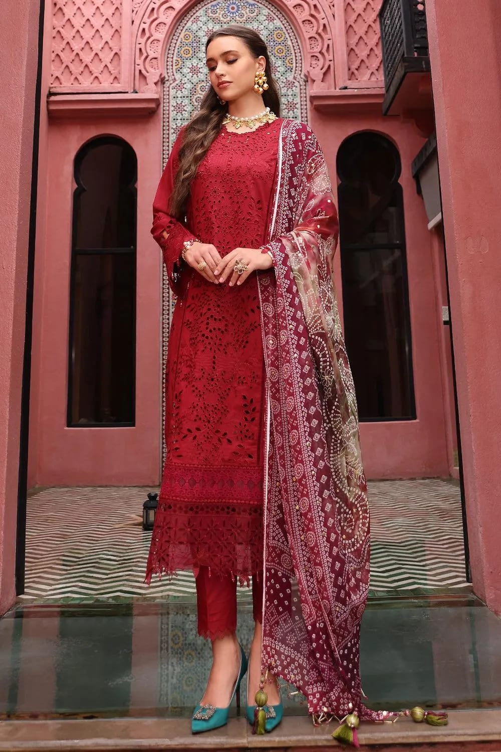 Red Embroidered Lawn 3Pcs Set for Women
