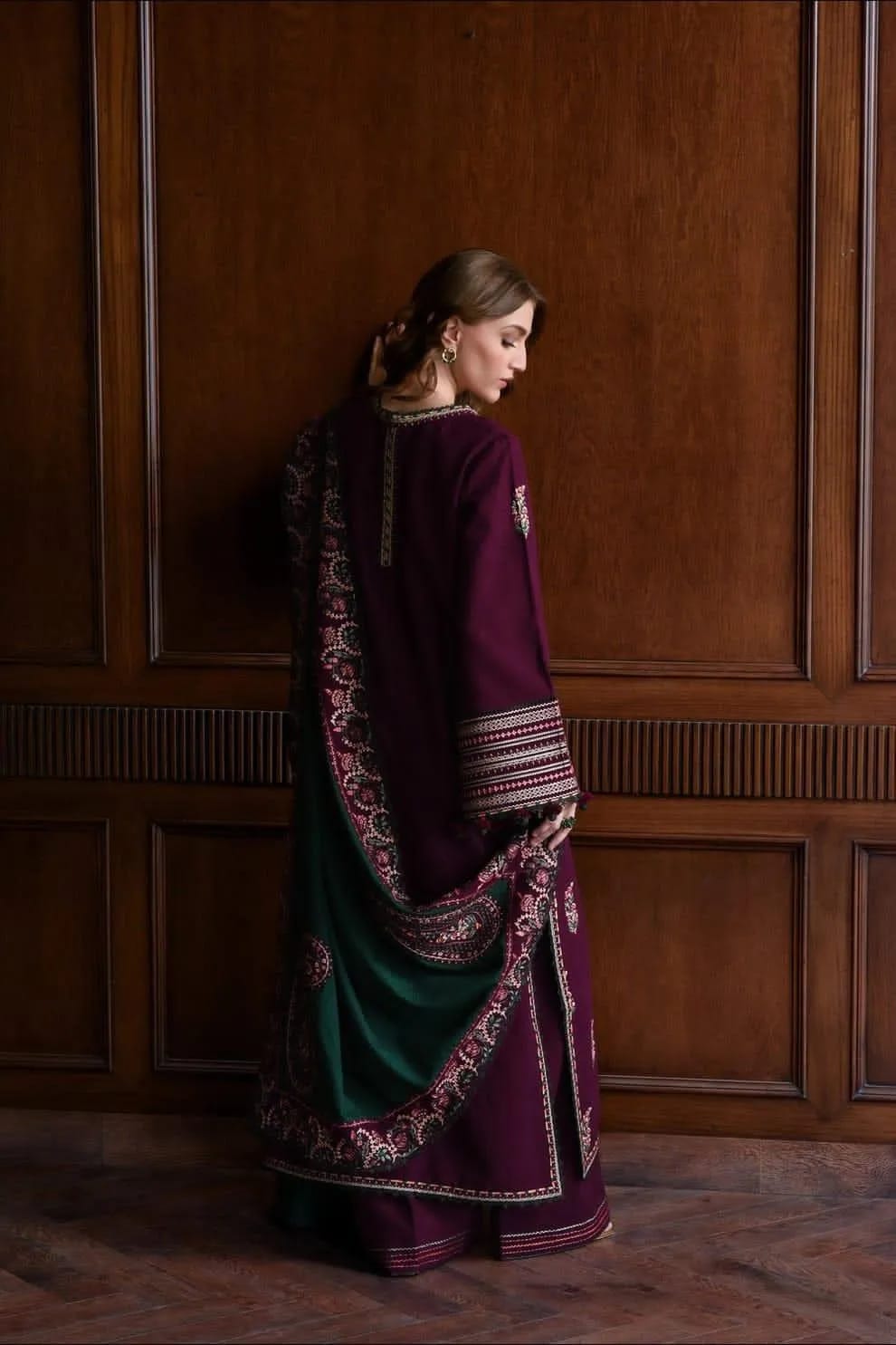Purple Green Embroidered  3-Piece Dhanak Suit for Women