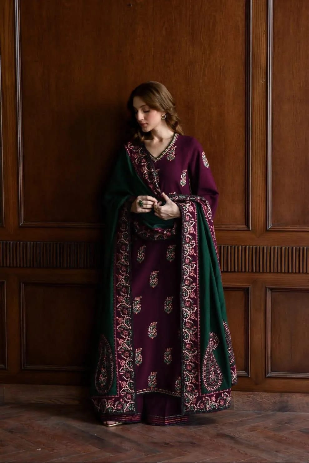Purple Green Embroidered  3-Piece Dhanak Suit for Women