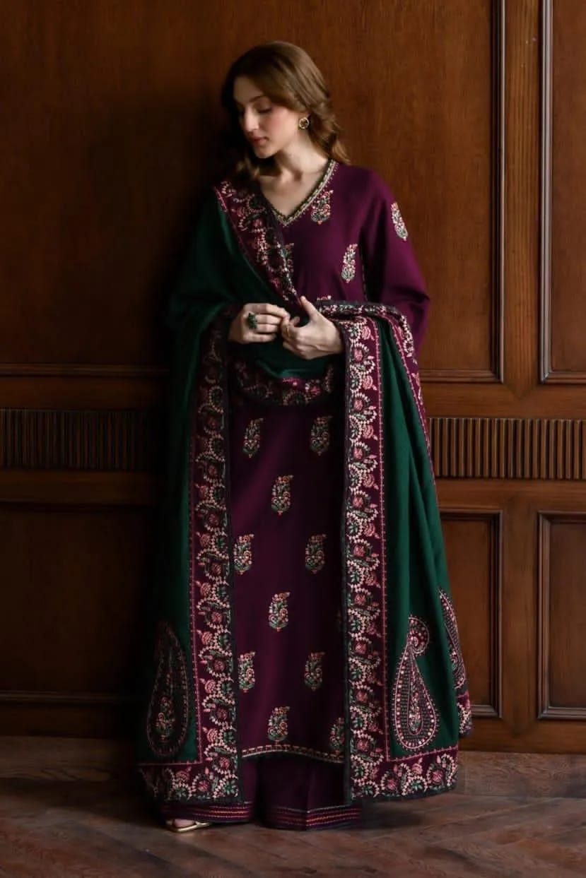 Purple Green Embroidered  3-Piece Dhanak Suit for Women