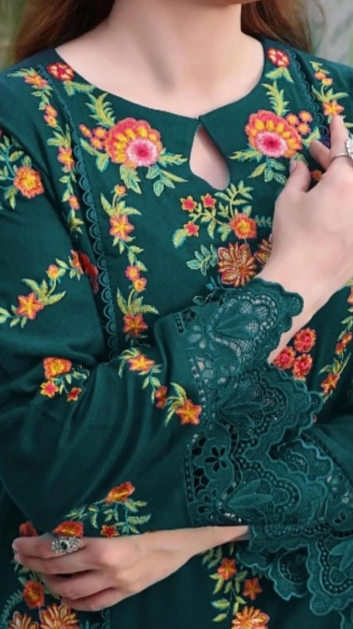 Embroidered Lawn 3pcs Green Floral Suit